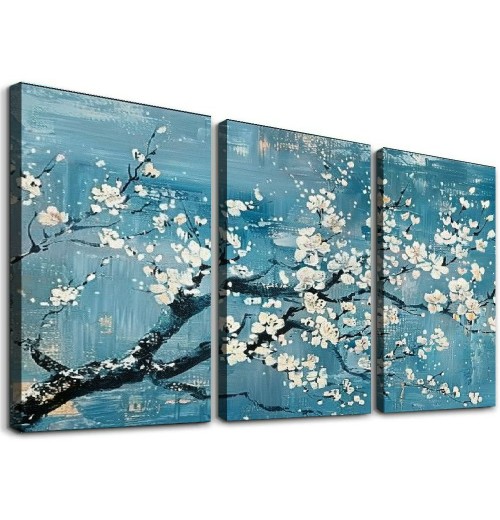 Wall Art for Living Room Teal Plum Blossom Canvas Wall Pictures for Bedroom Wall Decor large Framed Floral Canvas Prints Artwork Home Wall Decorations Ready to Hang Framed