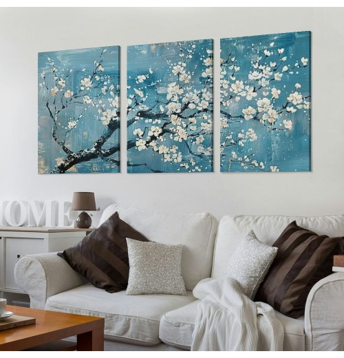 Wall Art for Living Room Teal Plum Blossom Canvas Wall Pictures for Bedroom Wall Decor large Framed Floral Canvas Prints Artwork Home Wall Decorations Ready to Hang Framed