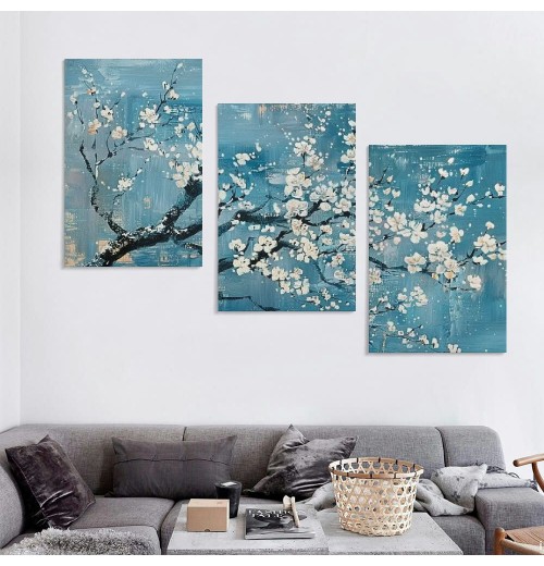 Wall Art for Living Room Teal Plum Blossom Canvas Wall Pictures for Bedroom Wall Decor large Framed Floral Canvas Prints Artwork Home Wall Decorations Ready to Hang Framed