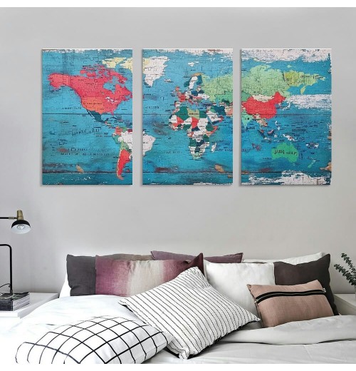 World Map Pictures Canvas Wall Art for Living Room Bedroom or Bathroom Wall Decor,Wall Map Wall Art Print Paitnings for Home Decor,World Map Waterproof Stretched Ready to Hang