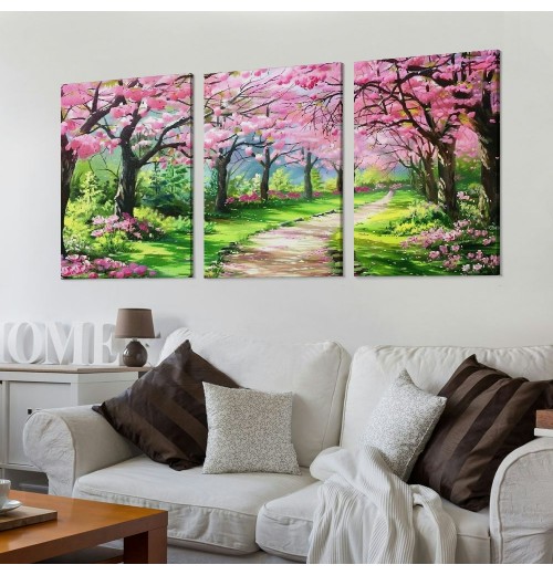 Canvas Wall Art Painting Pink Cherry Blossoms Park Tree Forest Wallpaper Spring landscape Picture Poster Print Framed and Stretched Ready to Hang for Living Room Bedroom Artwork