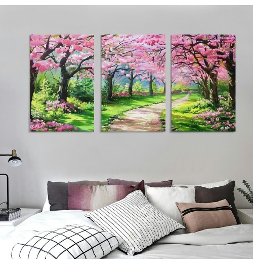 Canvas Wall Art Painting Pink Cherry Blossoms Park Tree Forest Wallpaper Spring landscape Picture Poster Print Framed and Stretched Ready to Hang for Living Room Bedroom Artwork