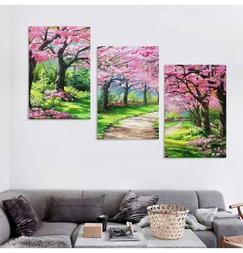 Canvas Wall Art Painting Pink Cherry Blossoms Park Tree Forest Wallpaper Spring landscape Picture Poster Print Framed and Stretched Ready to Hang for Living Room Bedroom Artwork