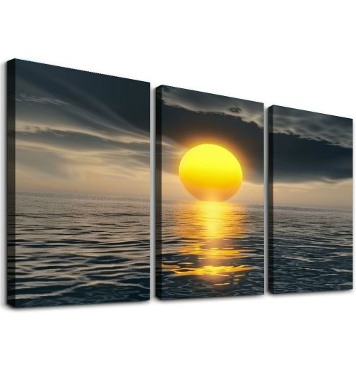 Canvas Prints Wall Art Decor Yellow Sunset over the ocean Picture Curved Horizon Painting Artwork for Dining Room Kitchen Home Decor Stretched and Framed Ready to Hang