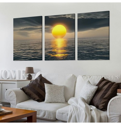 Canvas Prints Wall Art Decor Yellow Sunset over the ocean Picture Curved Horizon Painting Artwork for Dining Room Kitchen Home Decor Stretched and Framed Ready to Hang