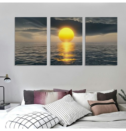 Canvas Prints Wall Art Decor Yellow Sunset over the ocean Picture Curved Horizon Painting Artwork for Dining Room Kitchen Home Decor Stretched and Framed Ready to Hang