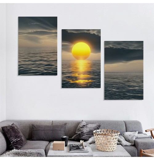 Canvas Prints Wall Art Decor Yellow Sunset over the ocean Picture Curved Horizon Painting Artwork for Dining Room Kitchen Home Decor Stretched and Framed Ready to Hang