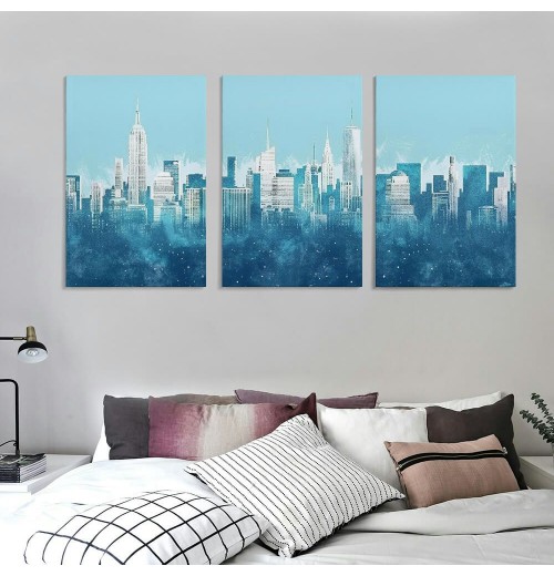 New York Wall Art - Abstract City Skyline Canvas Pictures for Living Room Bedroom Decor Aesthetic Artwork Teal Blue Navy Canvas Prints for Bedroom Home Office Wall Decor