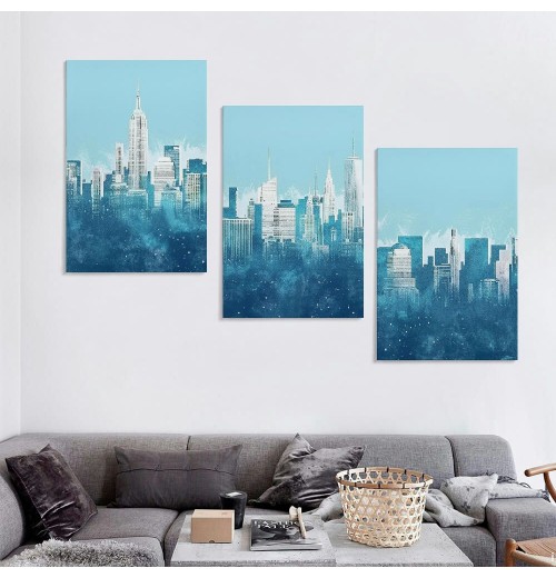 New York Wall Art - Abstract City Skyline Canvas Pictures for Living Room Bedroom Decor Aesthetic Artwork Teal Blue Navy Canvas Prints for Bedroom Home Office Wall Decor