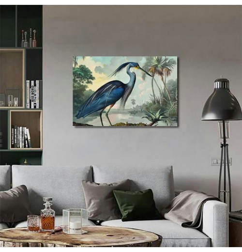 Blue Heron Wall Art Bird Poster Vintage Frame Canvas Painting Wall Art Heron Artwork Poster Picture Bedroom Wall Decor