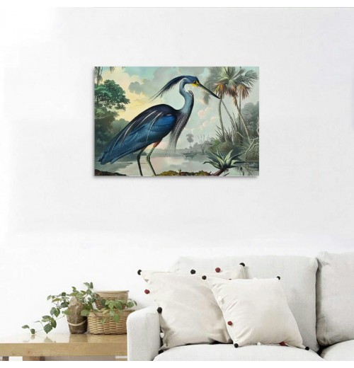 Blue Heron Wall Art Bird Poster Vintage Frame Canvas Painting Wall Art Heron Artwork Poster Picture Bedroom Wall Decor