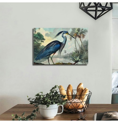 Blue Heron Wall Art Bird Poster Vintage Frame Canvas Painting Wall Art Heron Artwork Poster Picture Bedroom Wall Decor