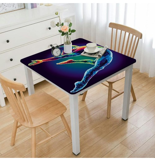 Athletes' Square Table Cover, Rainbow-Colored Vivid Sports Men's Jumping Theme Picture, Elastic Edge, Used for Table Decoration, Buffet and Camping