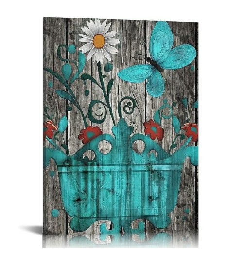 Bathroom Wall Art Daisy Canvas Pictures Modern Flower Bathtub Artwork Rustic Wood Board Background Contemporary Wall Art Decor Bedroom Living Room Office Home Framed Ready to Hang