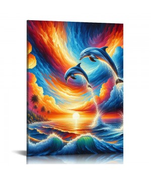 Dolphin Sunset Canvas Wall Art Animal Painting Art Decor Prints Picture of Dolphins Jumping Out of Water Framed Ready to Hang