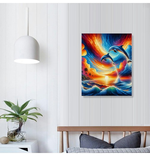 Dolphin Sunset Canvas Wall Art Animal Painting Art Decor Prints Picture of Dolphins Jumping Out of Water Framed Ready to Hang