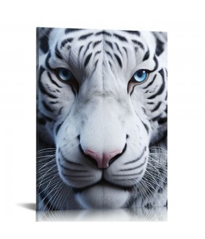 White Wall Art Wild Animal Portrait Picture Wall Decor Blue Eyed Tiger Prints on Canvas Posters Modern Home Decor for Living Room Kids Room Stretched and Framed Artwork