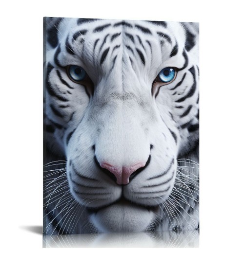 White Wall Art Wild Animal Portrait Picture Wall Decor Blue Eyed Tiger Prints on Canvas Posters Modern Home Decor for Living Room Kids Room Stretched and Framed Artwork