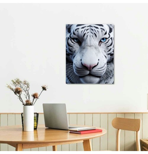 White Wall Art Wild Animal Portrait Picture Wall Decor Blue Eyed Tiger Prints on Canvas Posters Modern Home Decor for Living Room Kids Room Stretched and Framed Artwork